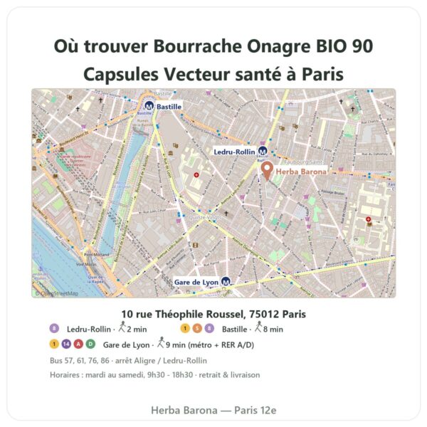 Ou trouver Bourrache Onagre BIO 90 Capsules Vecteur santé a Paris - plan boutique Herba Barona Paris 12e