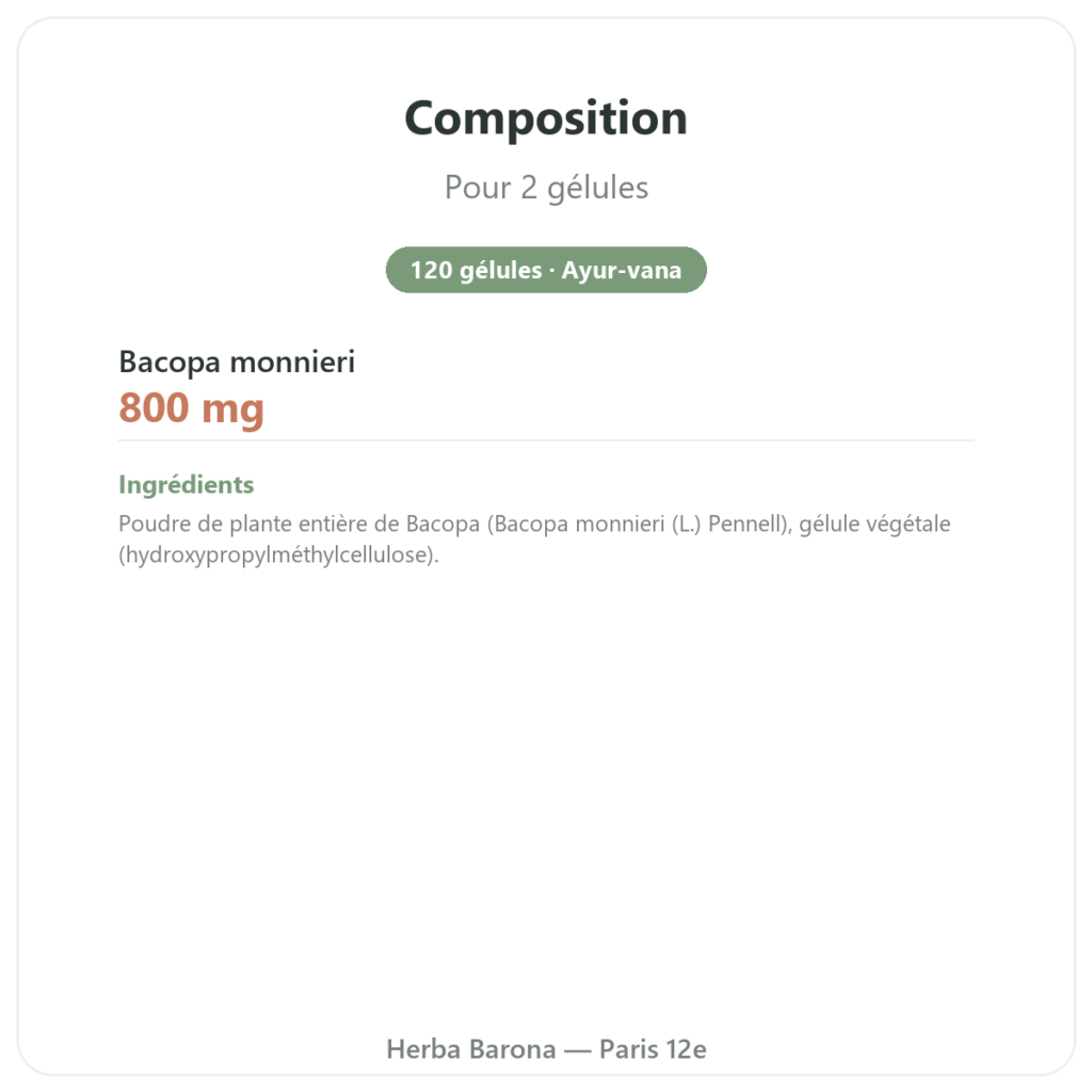 Brahmi (Bacopa Monnieri) – Ayur-vana – 120 gélules composition valeurs nutritionnelles Paris Herba Barona