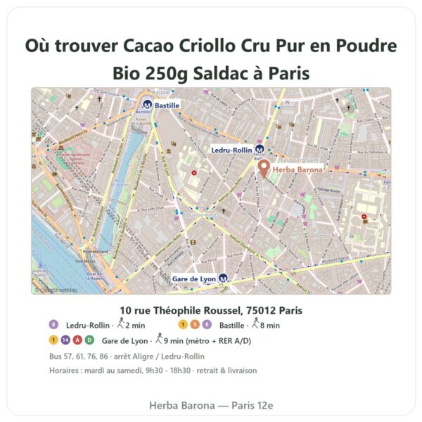 Ou trouver Cacao Criollo Cru Pur en Poudre Bio 250g Saldac a Paris - plan boutique Herba Barona Paris 12e