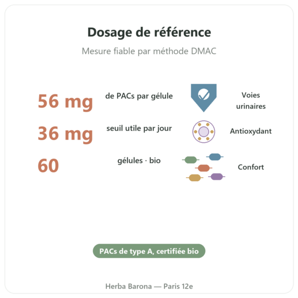 Canneberge bio (Cranberry) Dynveo ) 56 mg PACs 60 gél bienfaits et chiffres Paris Herba Barona