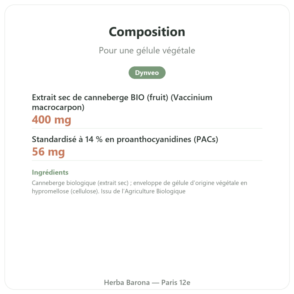 Canneberge bio (Cranberry) Dynveo ) 56 mg PACs 60 gél composition valeurs nutritionnelles Paris Herba Barona