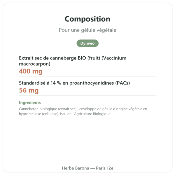 Canneberge bio (Cranberry) Dynveo ) 56 mg PACs 60 gél composition valeurs nutritionnelles Paris Herba Barona