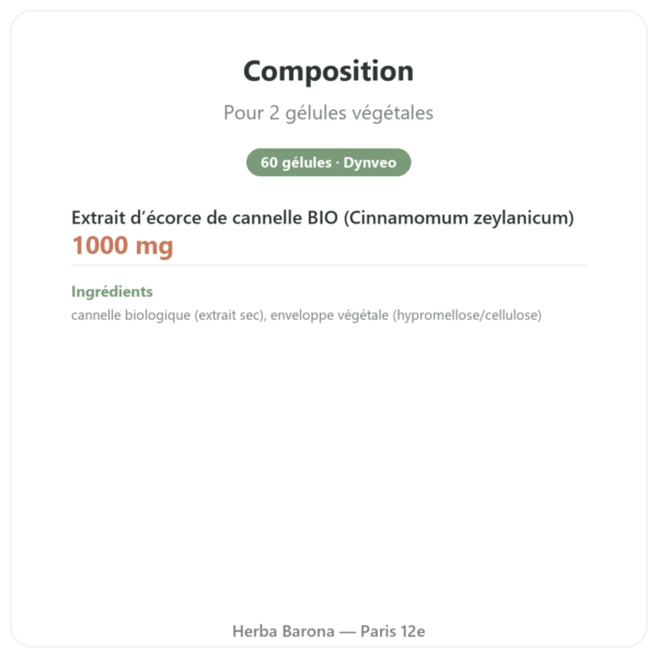 Cannelle de Ceylan – 50% polyphénols – Dynveo -500mg / 60 gélules composition valeurs nutritionnelles Paris Herba Barona