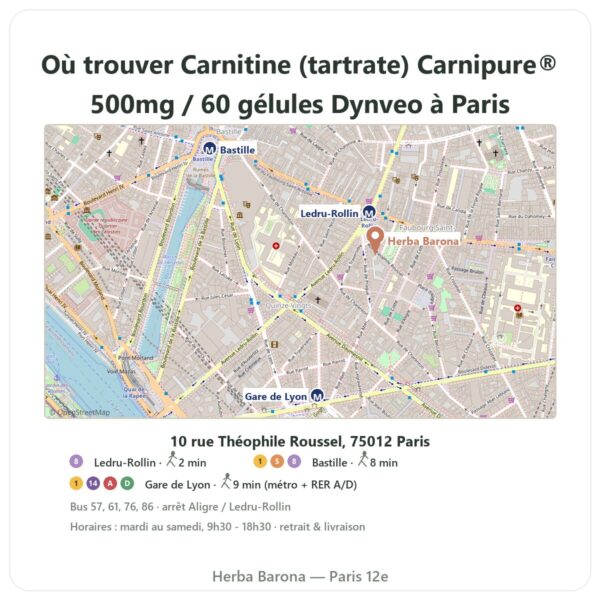 Ou trouver Carnitine (tartrate) Carnipure® 500mg / 60 gélules Dynveo a Paris - plan boutique Herba Barona Paris 12e