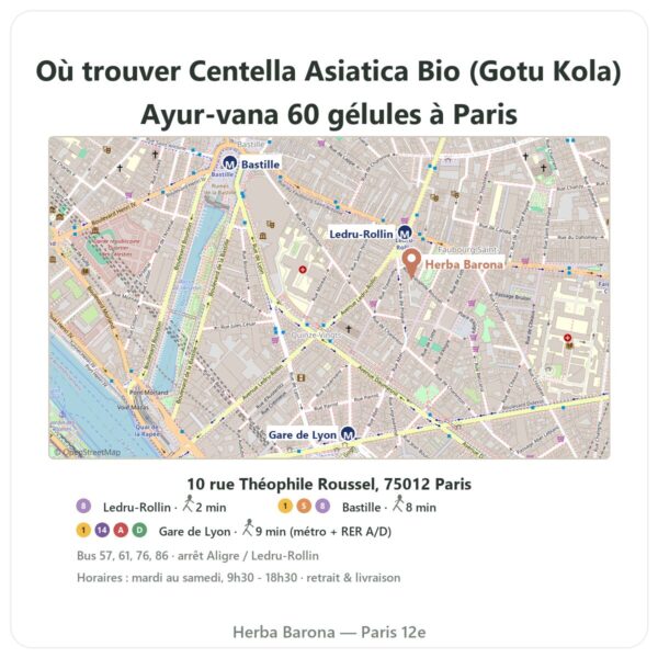 Ou trouver Centella Asiatica Bio (Gotu Kola) Ayur-vana 60 gélules a Paris - plan boutique Herba Barona Paris 12e