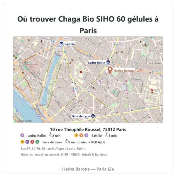 Ou trouver Chaga Bio SIHO 60 gélules a Paris - plan boutique Herba Barona Paris 12e