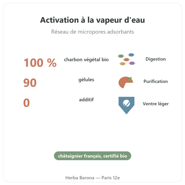 Charbon Actif Végétal BIO Micropores – 90 gélules – Dynveo bienfaits et chiffres Paris Herba Barona