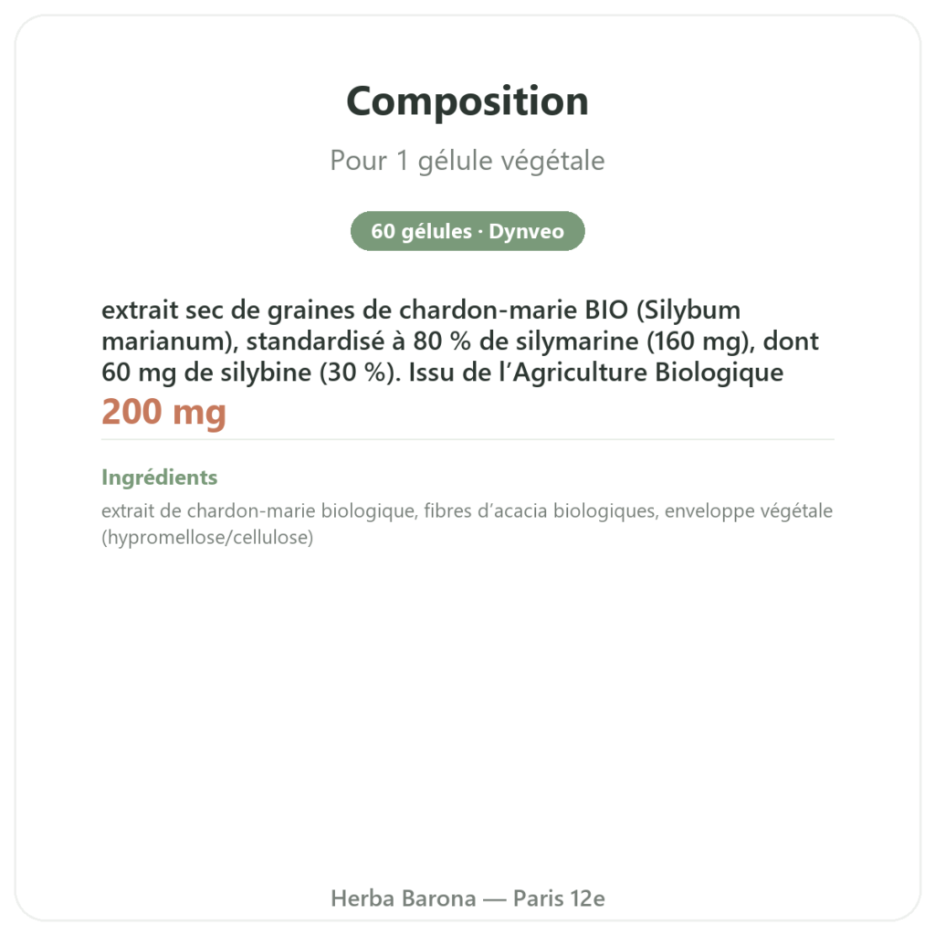 Chardon Marie bio Dynveo 60 gélules 200mg composition valeurs nutritionnelles Paris Herba Barona