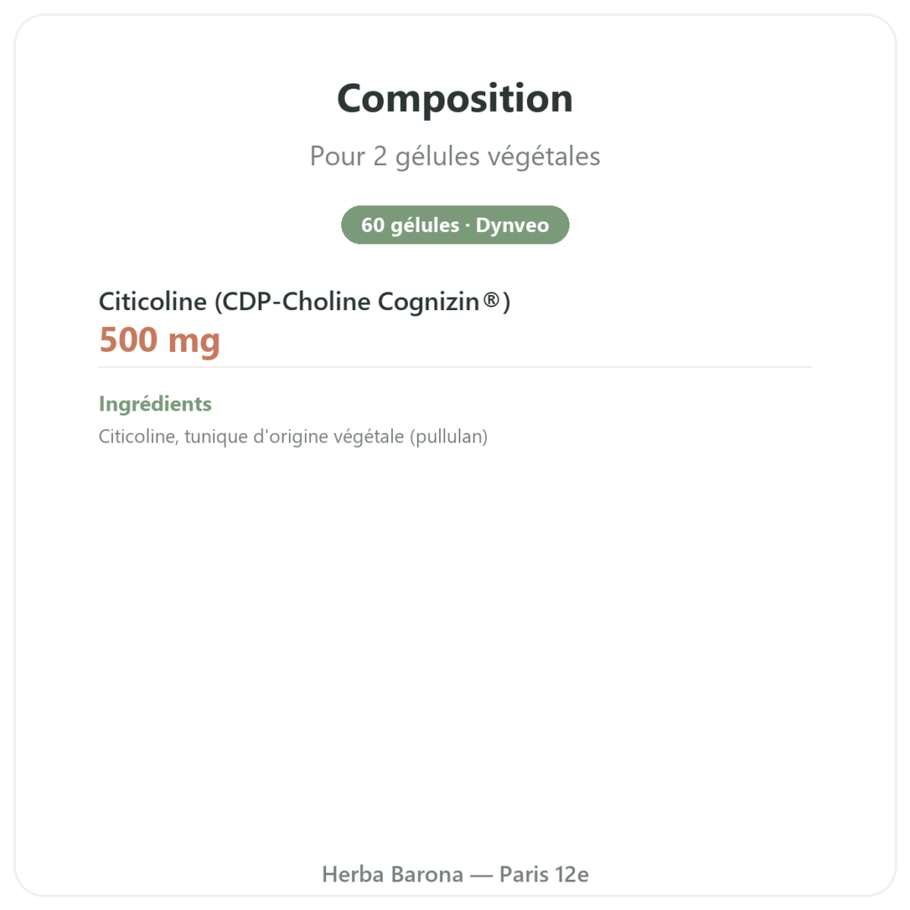 Citicoline Cognizin® : CDP Choline – Dynveo – 60 gélules composition valeurs nutritionnelles Paris Herba Barona