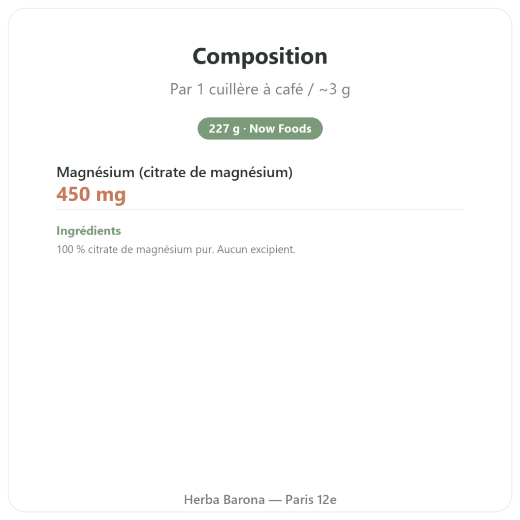 Citrate de Magnesium en Poudre Pure Now Foods 227g composition valeurs nutritionnelles Paris Herba Barona