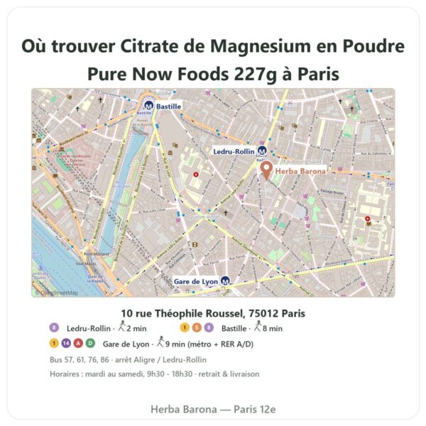 Ou trouver Citrate de Magnesium en Poudre Pure Now Foods 227g a Paris - plan boutique Herba Barona Paris 12e