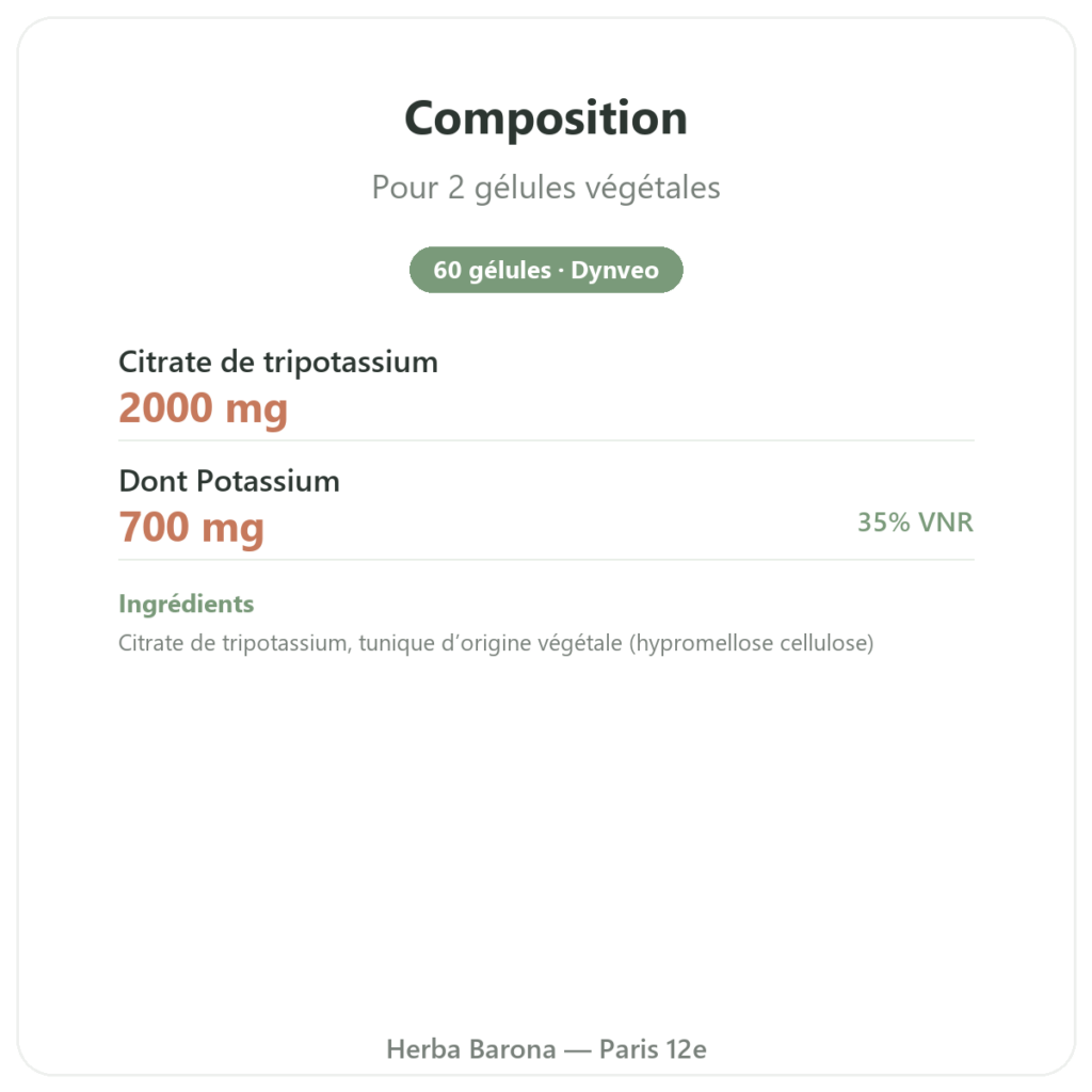 Citrate de potassium – Dynveo – 60 gélules – 1000 mg composition valeurs nutritionnelles Paris Herba Barona