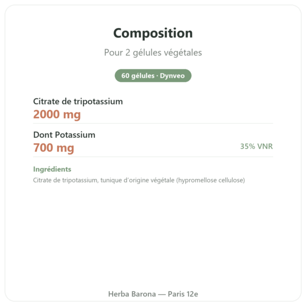 Citrate de potassium – Dynveo – 60 gélules – 1000 mg composition valeurs nutritionnelles Paris Herba Barona