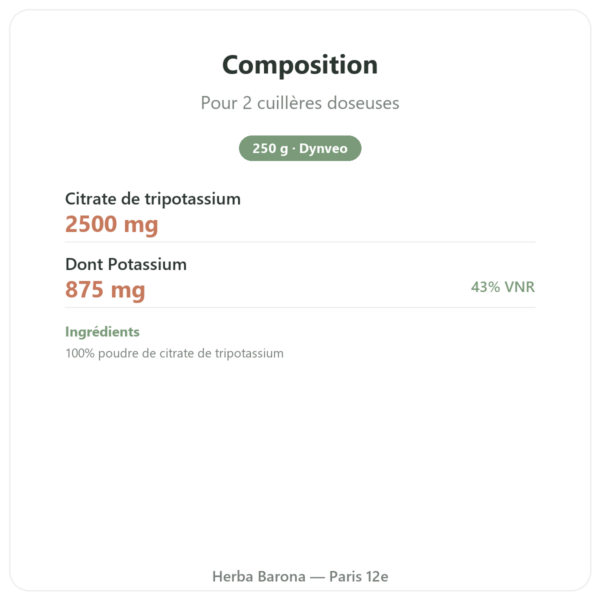 Citrate de Potassium en poudre – Dynveo – 250 g composition valeurs nutritionnelles Paris Herba Barona