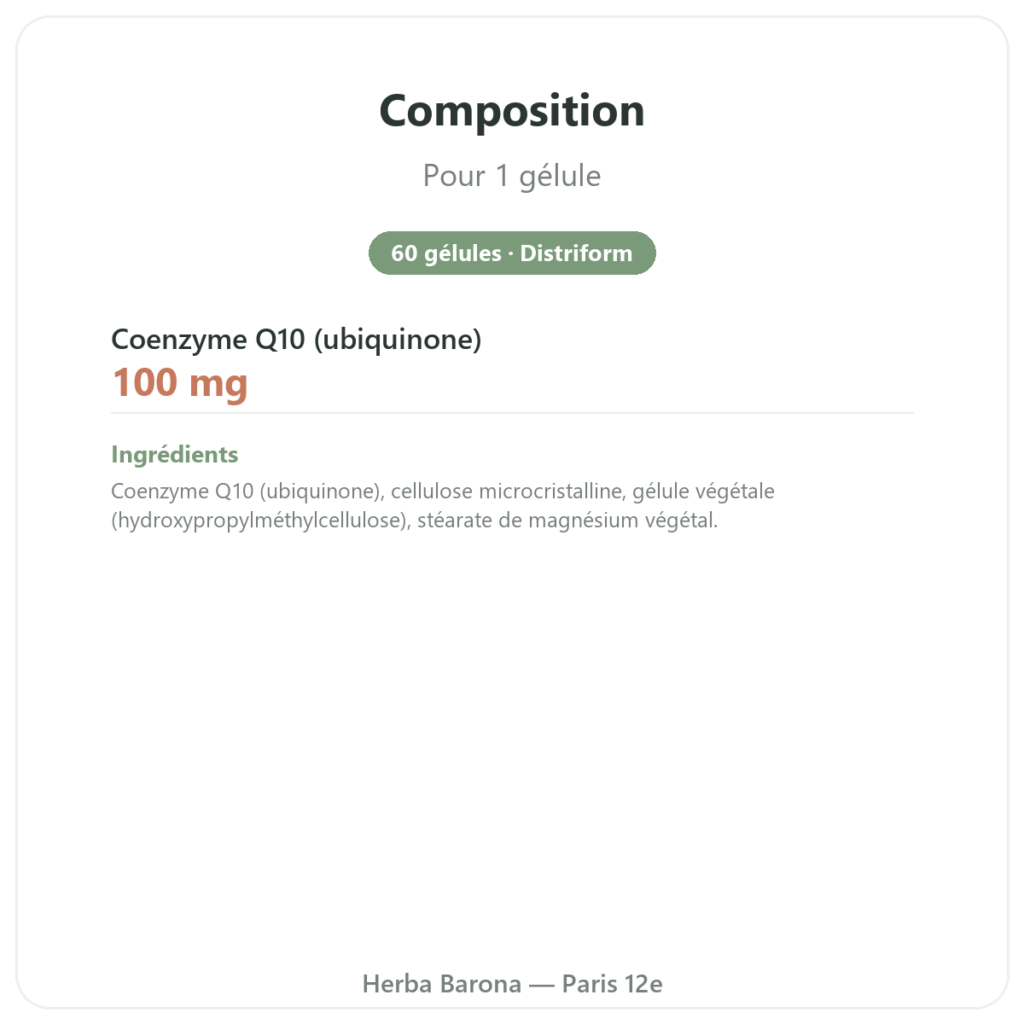 Coenzyme Q10 100 mg – Distriform' – 60 gélules composition valeurs nutritionnelles Paris Herba Barona