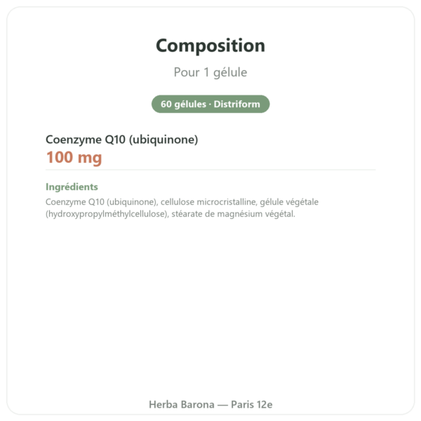 Coenzyme Q10 100 mg – Distriform' – 60 gélules composition valeurs nutritionnelles Paris Herba Barona