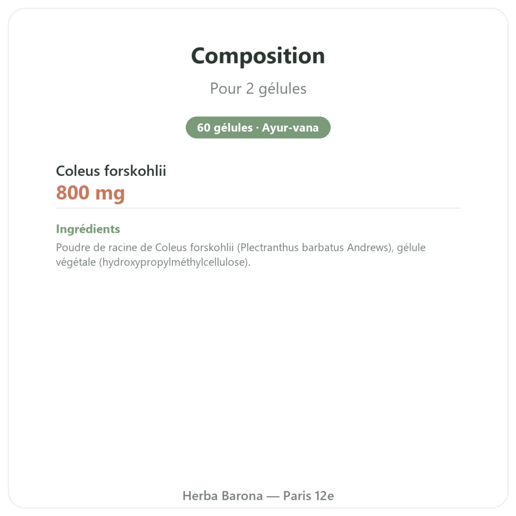 Coleus Forskohlii – Ayur-vana – 60 gélules composition valeurs nutritionnelles Paris Herba Barona