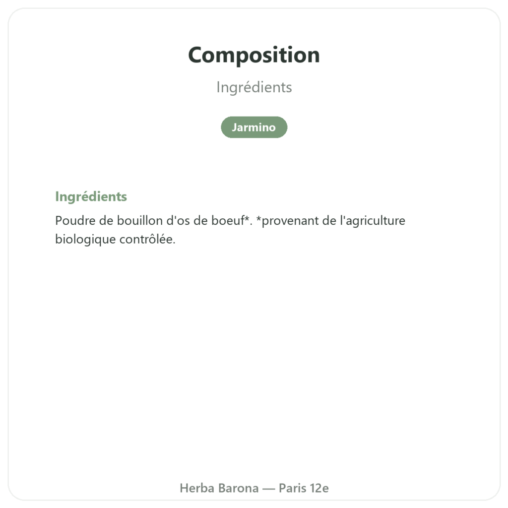 Collagène bovin de Boeuf Bio poudre Jarmino composition valeurs nutritionnelles Paris Herba Barona