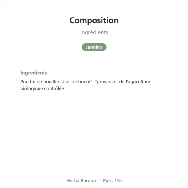Collagène bovin de Boeuf Bio poudre Jarmino composition valeurs nutritionnelles Paris Herba Barona