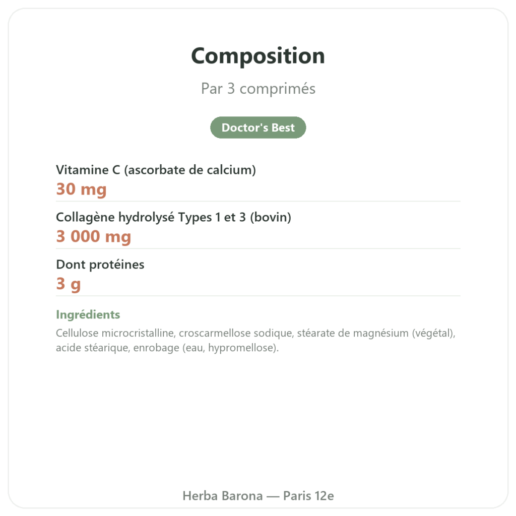 Collagene bovin en tablettes Type 1 and 3 Doctor's Best composition valeurs nutritionnelles Paris Herba Barona