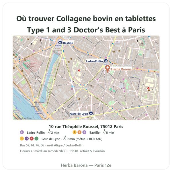 Ou trouver Collagene bovin en tablettes Type 1 and 3 Doctor's Best a Paris - plan boutique Herba Barona Paris 12e