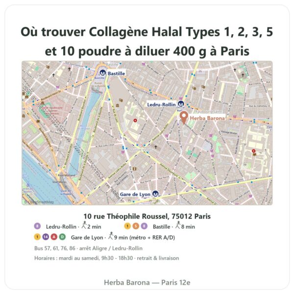 Gdzie znaleźć Kolagen Halal typu 1, 2, 3, 5 i 10 – proszek do rozpuszczania 400 g w Paryżu - mapa sklepu Herba Barona Paris 12e