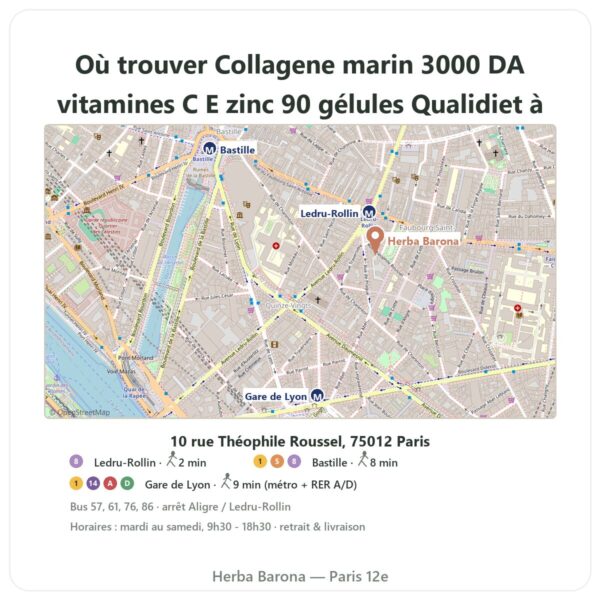 Ou trouver Collagene marin 3000 DA vitamines C E zinc 90 gélules Qualidiet a Paris - plan boutique Herba Barona Paris 12e