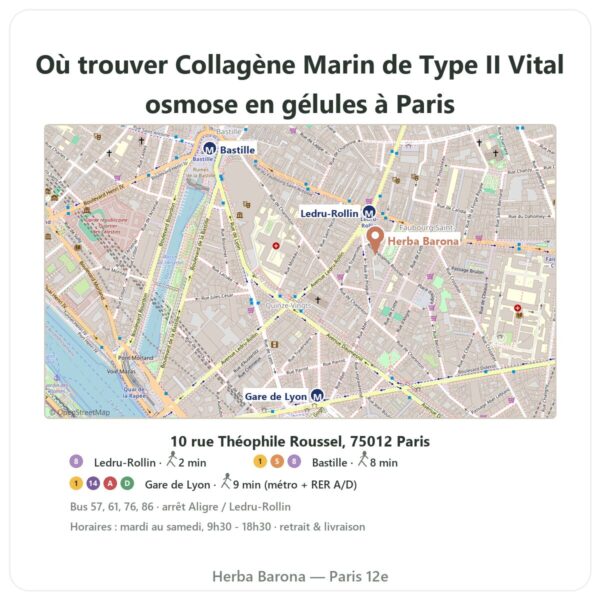 Ou trouver Collagène Marin de Type II Vital osmose en gélules a Paris - plan boutique Herba Barona Paris 12e