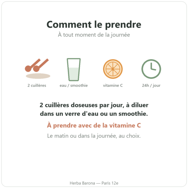Collagene marin poudre 500g Dynveo comment le prendre 2 cuilleres vitamine C a tout moment Paris Herba Barona