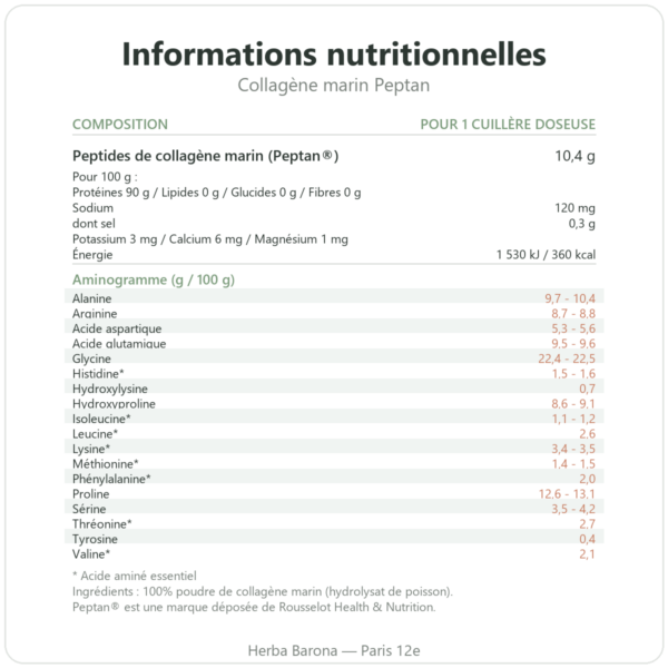 Collagene marin poudre 500g Peptan Dynveo informations nutritionnelles aminogramme Paris Herba Barona