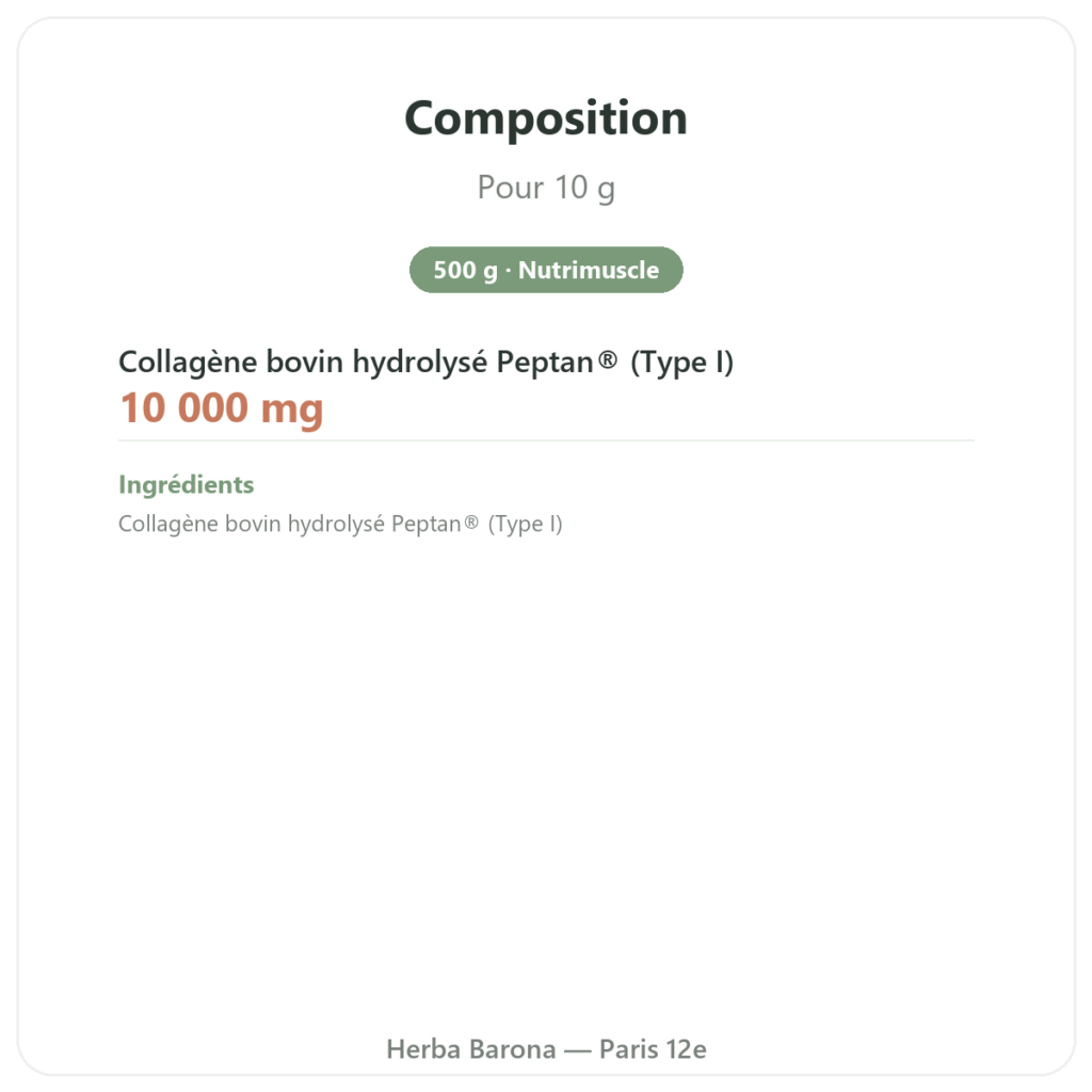 Collagène Peptide Type 1 Boeuf 500g – Nutrimuscle composition valeurs nutritionnelles Paris Herba Barona