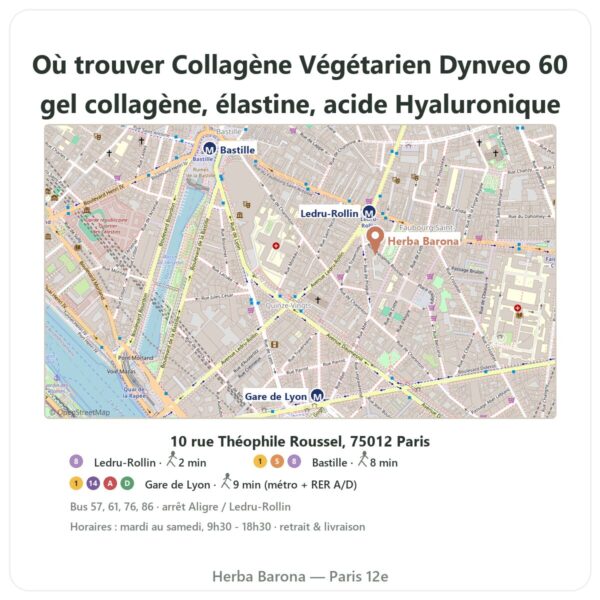 Ou trouver Collagène Végétarien Dynveo 60 gel collagène, élastine, acide Hyaluronique a Paris - plan boutique Herba Barona Paris 12e