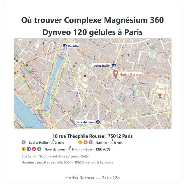 Ou trouver Complexe Magnésium 360 Dynveo 120 gélules a Paris - plan boutique Herba Barona Paris 12e
