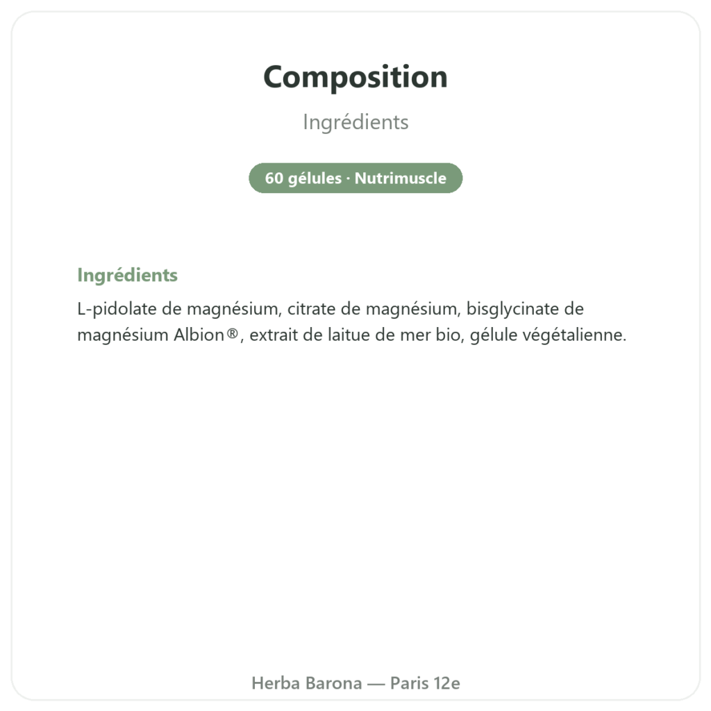Complexe Magnésium – Nutrimuscle – 60 gélules composition valeurs nutritionnelles Paris Herba Barona