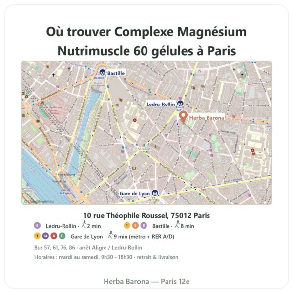 Ou trouver Complexe Magnésium Nutrimuscle 60 gélules a Paris - plan boutique Herba Barona Paris 12e