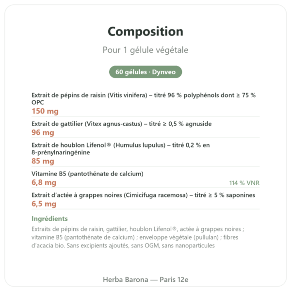 Complexe Ménopause – Dynveo – 60 gélules composition valeurs nutritionnelles Paris Herba Barona