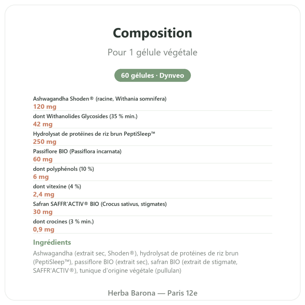 Complexe Sommeil profond nREM – Dynveo – 60 gélules composition valeurs nutritionnelles Paris Herba Barona