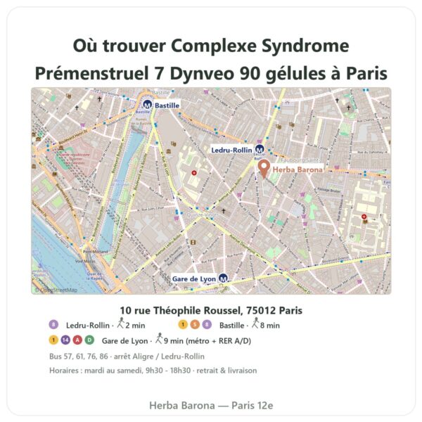 Ou trouver Complexe Syndrome Prémenstruel 7 Dynveo 90 gélules a Paris - plan boutique Herba Barona Paris 12e