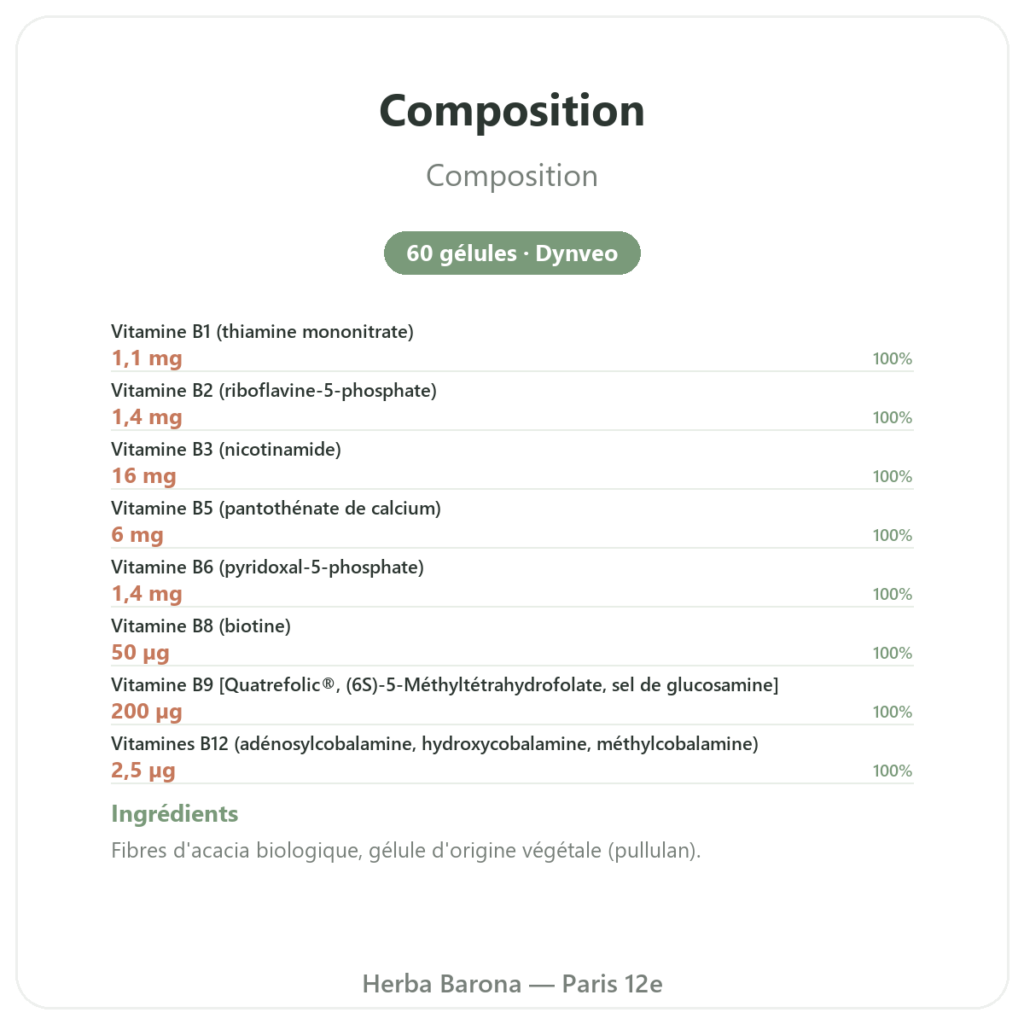 Complexe vitamines B – Multi B – 60 gélules – Dynveo composition valeurs nutritionnelles Paris Herba Barona