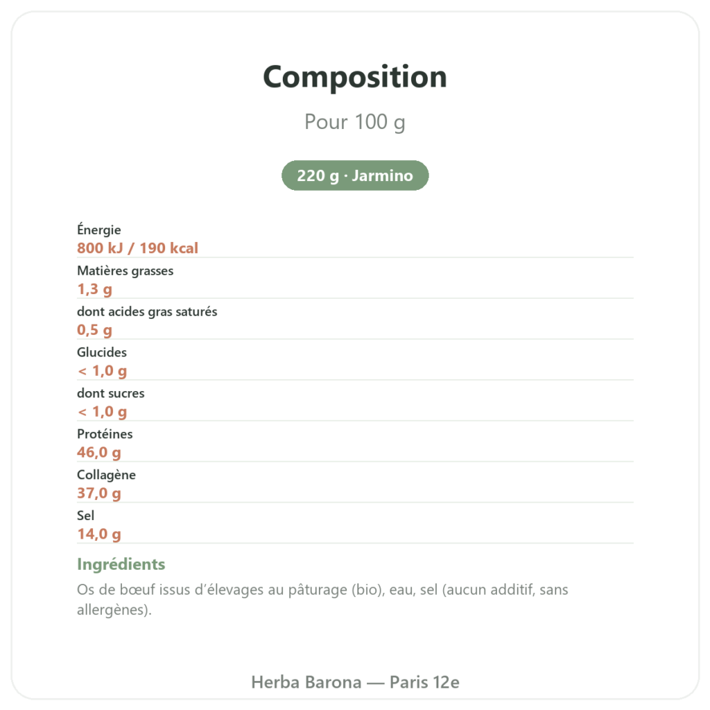 Concentré de bouillon d'os de bœuf 220 g – Jarmino composition valeurs nutritionnelles Paris Herba Barona