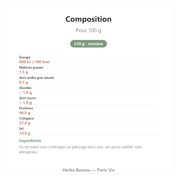 Concentré de bouillon d'os de bœuf 220 g – Jarmino composition valeurs nutritionnelles Paris Herba Barona