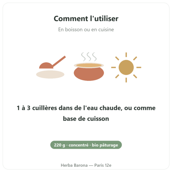Concentré de bouillon d'os de bœuf 220 g – Jarmino mode emploi conseil de prise Paris Herba Barona