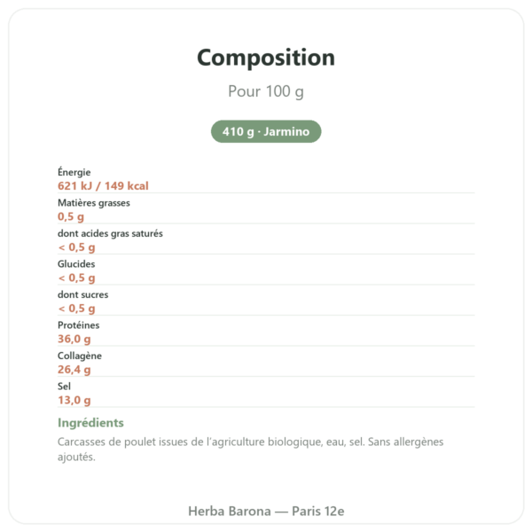 Concentré de bouillon d'os de poulet (410g) – Jarmino composition valeurs nutritionnelles Paris Herba Barona