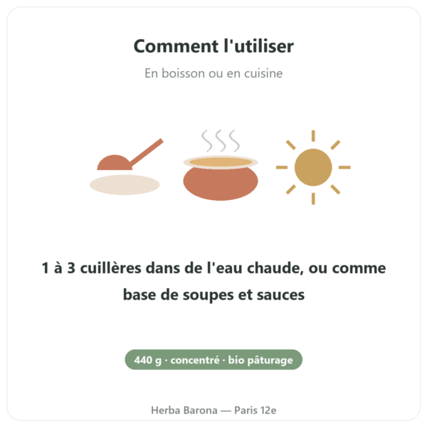 Concentré de bouillon d’os de bœuf bio 440g – Jarmino mode emploi conseil de prise Paris Herba Barona