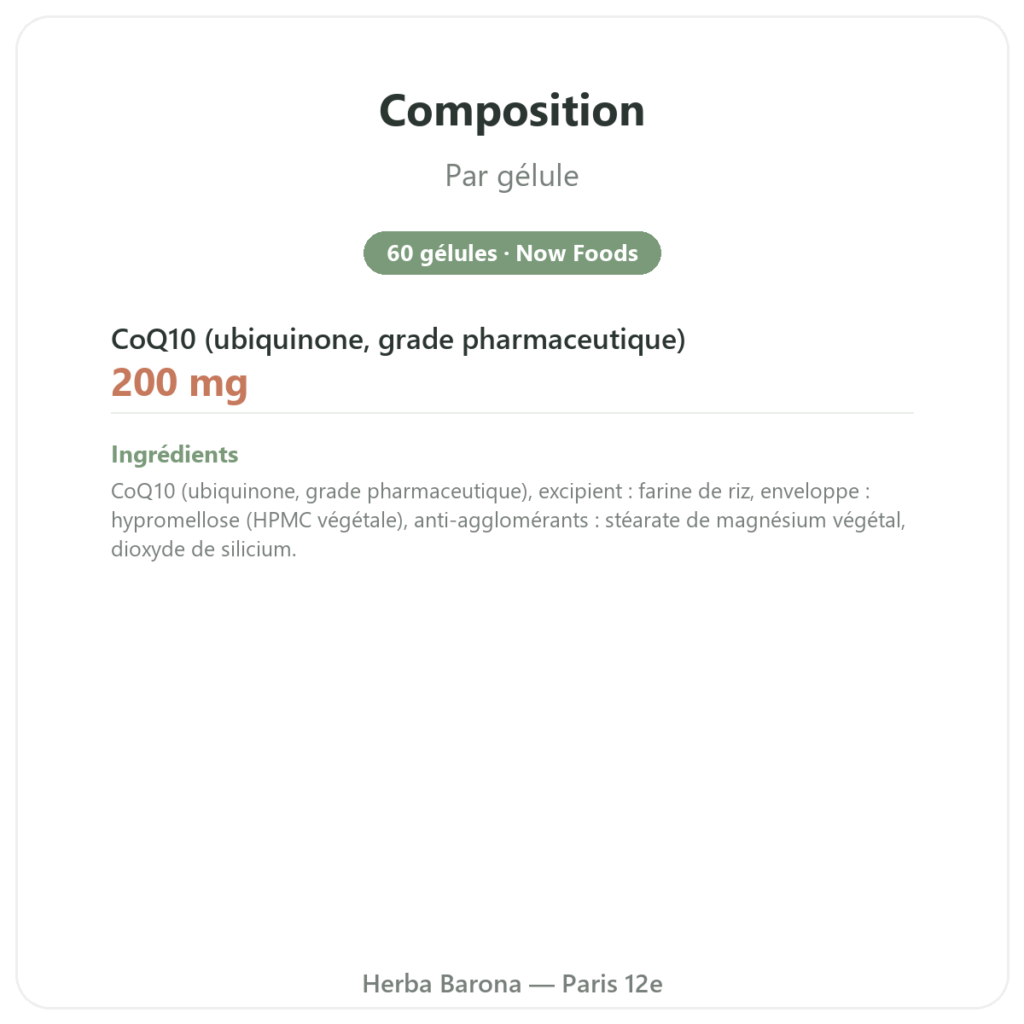 CoQ10 200mg NOW Foods 60 gélules végétales - Coenzyme Q10 composition valeurs nutritionnelles Paris Herba Barona