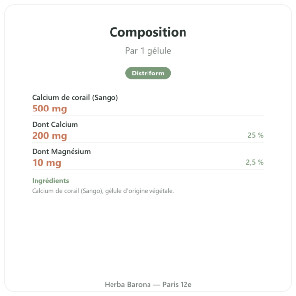 Coraline – Calcium de Corail – Distriform' composition valeurs nutritionnelles Paris Herba Barona