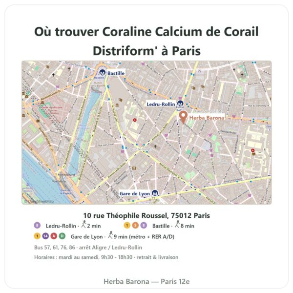 Ou trouver Coraline Calcium de Corail Distriform' a Paris - plan boutique Herba Barona Paris 12e