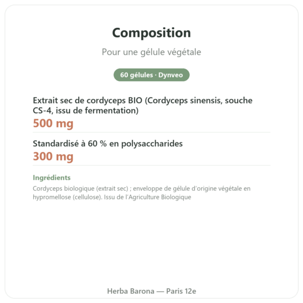 Cordyceps bio concentré – Souche CS-4 – Dynveo – 60 gélules composition valeurs nutritionnelles Paris Herba Barona
