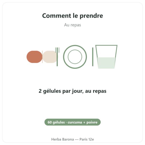 Curcuma Poivre – Ayur-vana – 60 gélules mode emploi conseil de prise Paris Herba Barona