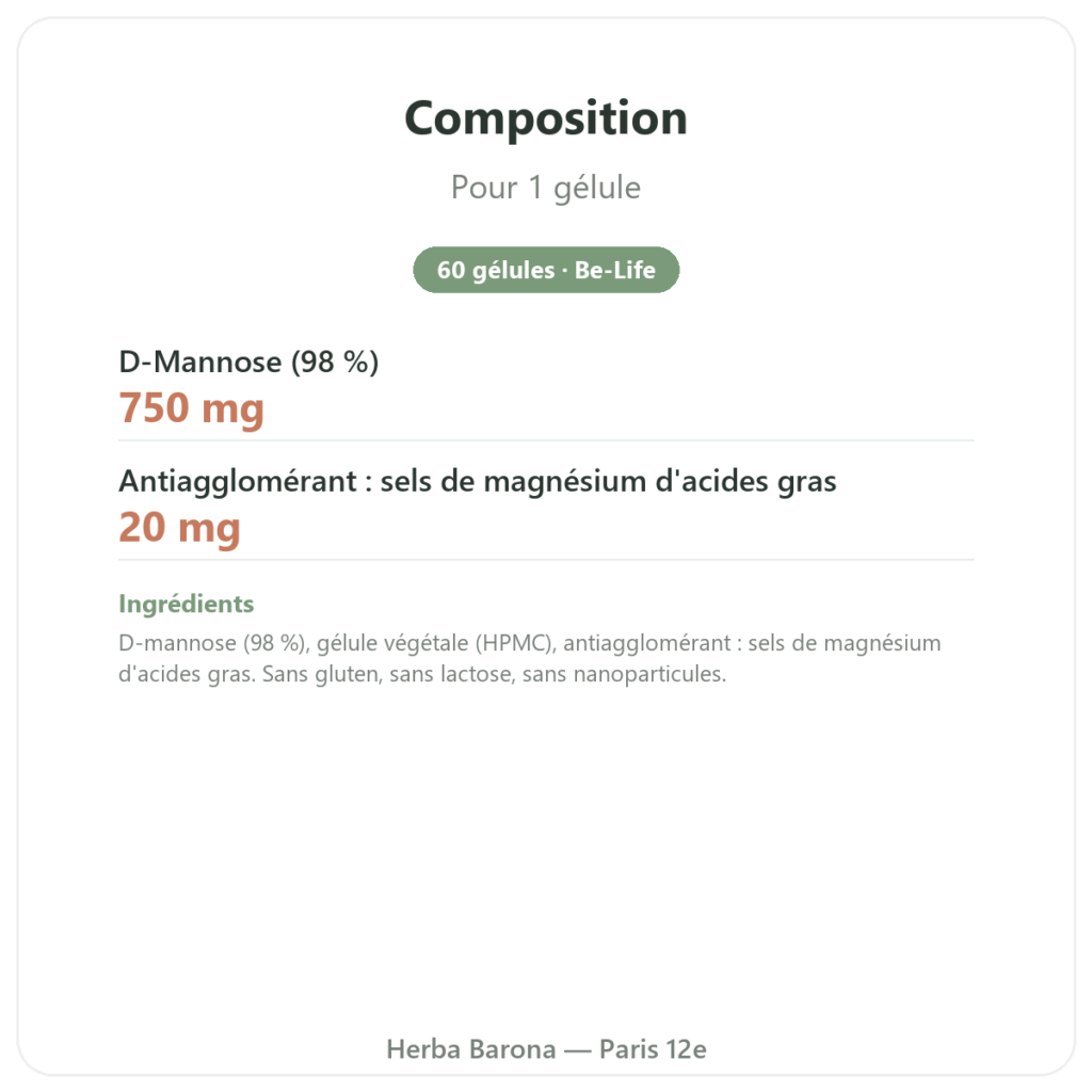 D-Mannose 750 – Be-Life – 60 gélules composition valeurs nutritionnelles Paris Herba Barona